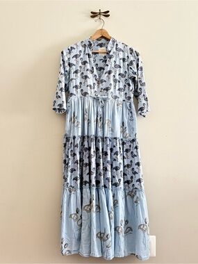 Angrish Cotton Light Blue Tiered V-Neck Flamingo Print Dress Women’s Medium